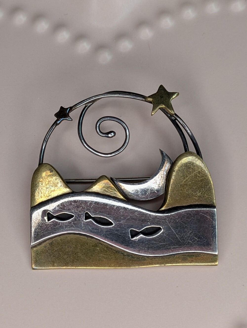 Vintage Far Fetched Mixed-Metal Brooch Silver & Brass Coastal Moon Star Fish
